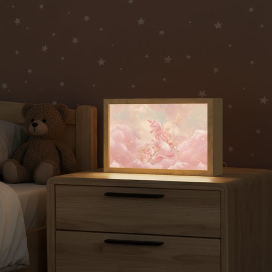 Nachtlampje 30x20 cm - Kinder lamp - Eenhoorn - Wolken - Roze - Tafellamp kinderkamer - Slaapkamer lamp - Bedlamp kinderen - Kinderlampje stopcontact - Wandlamp babykamer - Nachtlampjes van Merkloos — afbeelding 2