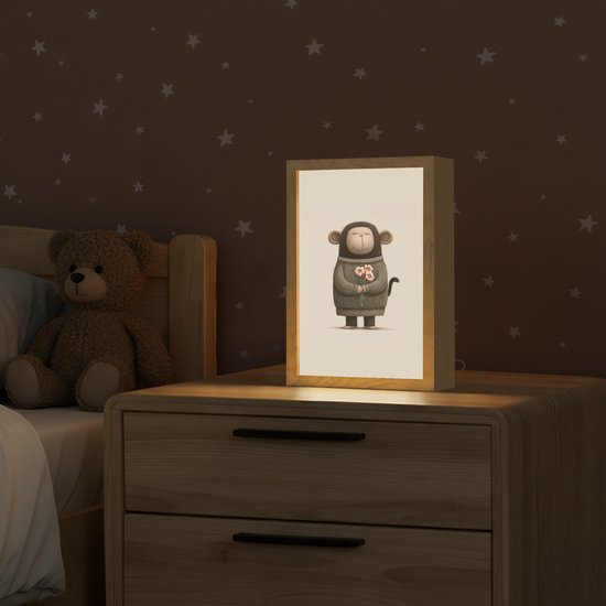 Nachtlampje 20x30 cm - Kinder lamp - Aap - Roze bloemen - Speels - Tafellamp kinderkamer - Slaapkamer lamp - Bedlamp kinderen - Kinderlampje stopcontact - Wandlamp babykamer - Nachtlampjes van Merkloos — afbeelding 2