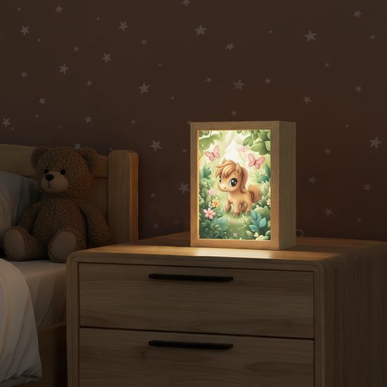 Nachtlampje 15x20 cm - Kinder lampje - Pony - Bruin - Cartoon - Vlinders - Tafellamp kinderkamer - Slaapkamer lamp - Bedlamp kinderen - Kinderlampje stopcontact - Wandlamp babykamer - Nachtlampjes van Merkloos — afbeelding 2