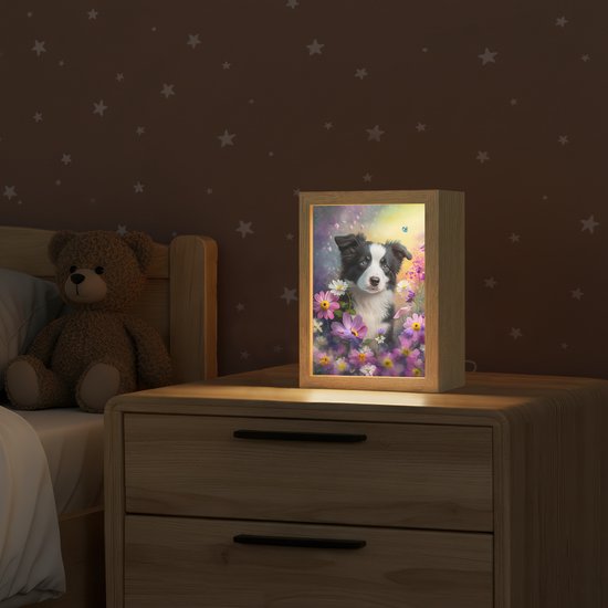 Nachtlampje 15x20 cm - Kinder lampje - Hond - Bloemen - Natuur - Puppy - Bordercollie - Tafellamp kinderkamer - Slaapkamer lamp - Bedlamp kinderen - Kinderlampje stopcontact - Wandlamp babykamer - Nachtlampjes van OnlyWow — afbeelding 2