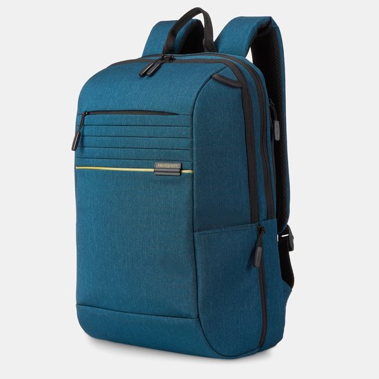 Blauwe Hedgren rugzak met zwarte accenten, ritsen en een gele streep.