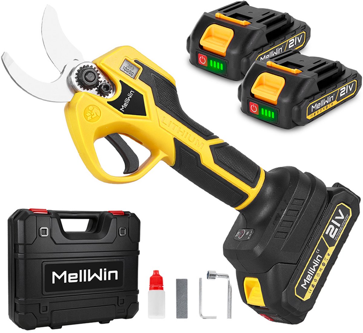 MellWin Accu Snoeischaar 21V - Bürstenlos Takkenschaar - 32mm Snijdiameter - Elektrische Snoeischaar- Heggenschaar - met 2 Accu's & Opberkoffer - voor het snoeien van bomen, fruitbomen