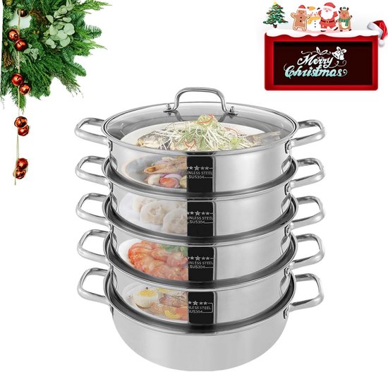 Stoomkoker Inductie Repomanda Stoomkoker Van Roestvrij Staal Met Glazen Deksel, 5 Etages, Stoompan, 30 Cm, Inductiebestendig, Voor Groenten En Dumplings Welke Stoompan Is Het Beste