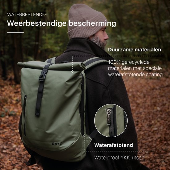 ONYX Sac à Dos Rolltop 25 à 40 L - Avec Compartiment pour Ordinateur Portable - Sac à Dos Réglable - Sac de Voyage - Résistant à l'Eau et Durable - Noir