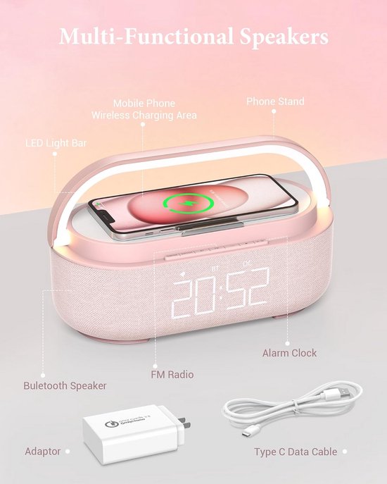 Bluetooth Speaker met Draadloze Oplader, FM-Radio en Dimbaar Nachtlampje — afbeelding 4
