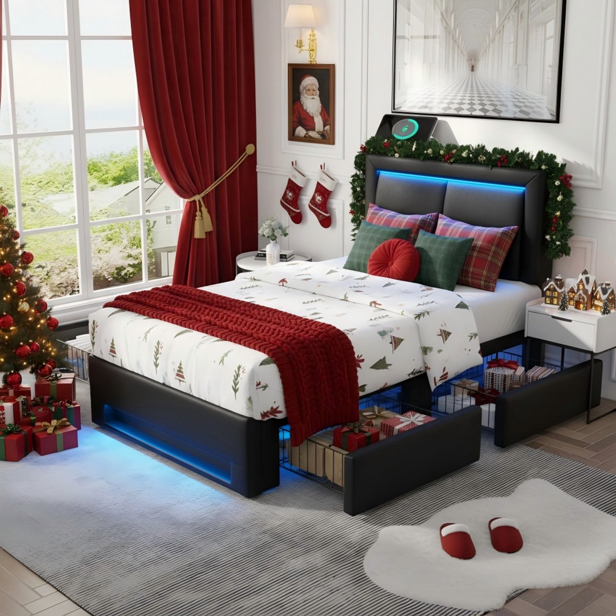 STILVORA Eenpersoonsbed 90x200 cm – Gestoffeerd Bed Met USB En LED – 4 Lades Voor Extra Opbergruimte – Ideaal Voor Slaapkamer Of Kinderkamer – PU – Zwart