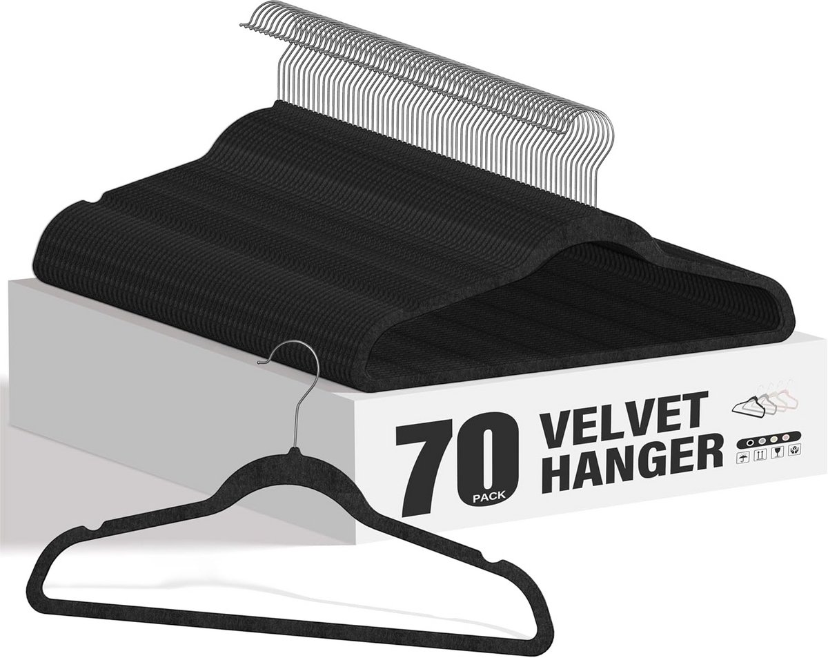 70x Ruimtebesparende Fluwelen Kleerhangers Zwart - Antislip Hangers voor Kledingkast