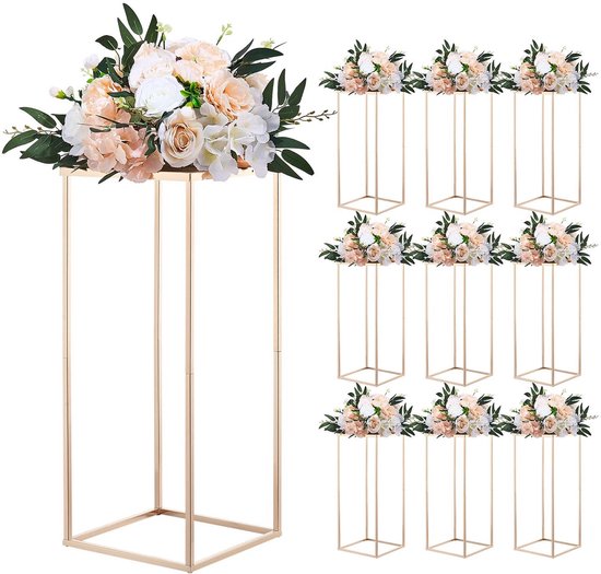 Bloemenstandaard / Bloemenzuil - Set van 10 - 25x25x60 cm - Metalen Plank - Rechthoekig - Voor Bruiloft & Feest - Goud