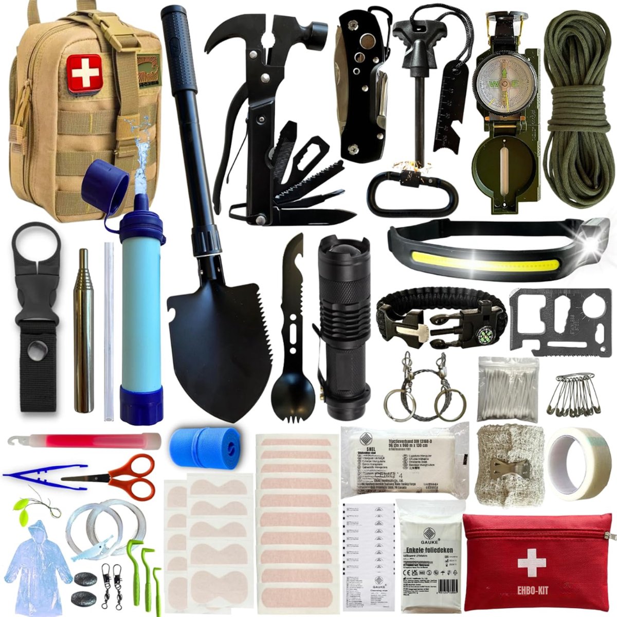 MMM® Noodpakket Denk Vooruit - Noodpakket Voor Thuis - Noodpakket Oorlog - 16 Multifunctionele Gereedschappen - meer dan 60 EHBO-Benodigdheden- Beige - 24 cm x 20 cm x 15 cm