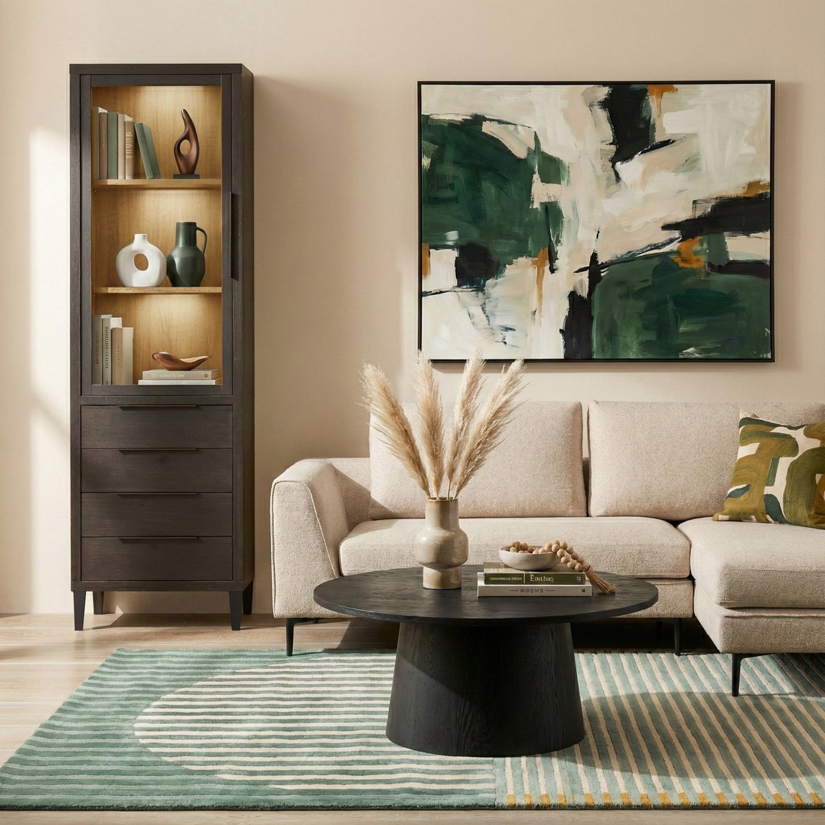 Vitrinekast Zwanenburg - Lamulux - Zwart/Teak - 67x212x48 cm (BxHxD) - 1 Draaideur - 4 Lad