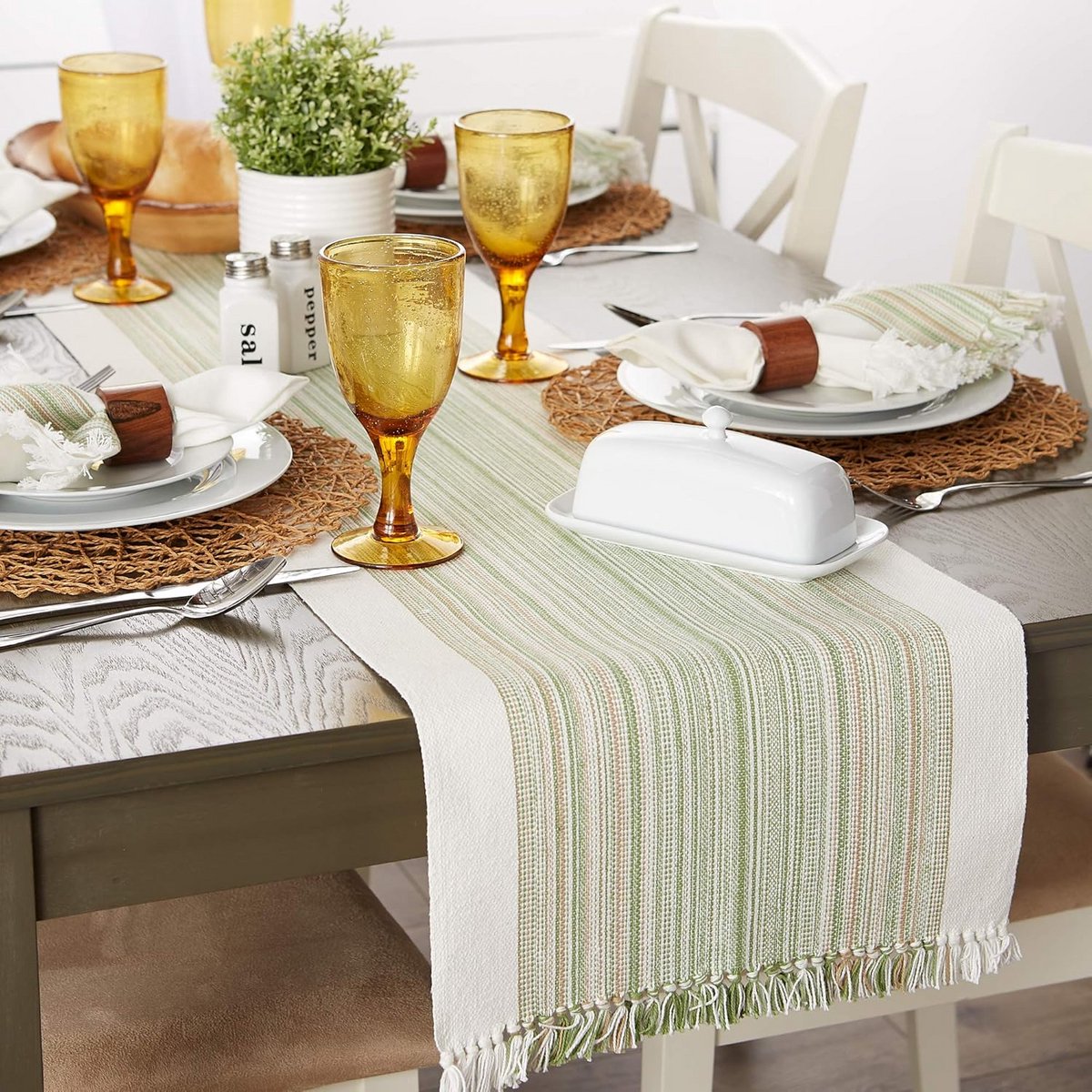 Katoenen Tafel loper met Franjes - 14x72 Inch - Thyme Groen