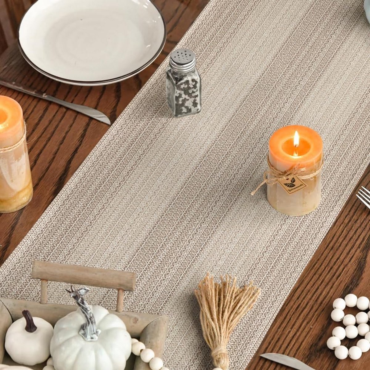 Lange Tafelloper Beige Bruin Rustieke Strepen 40 x 240 cm Wasbaar
