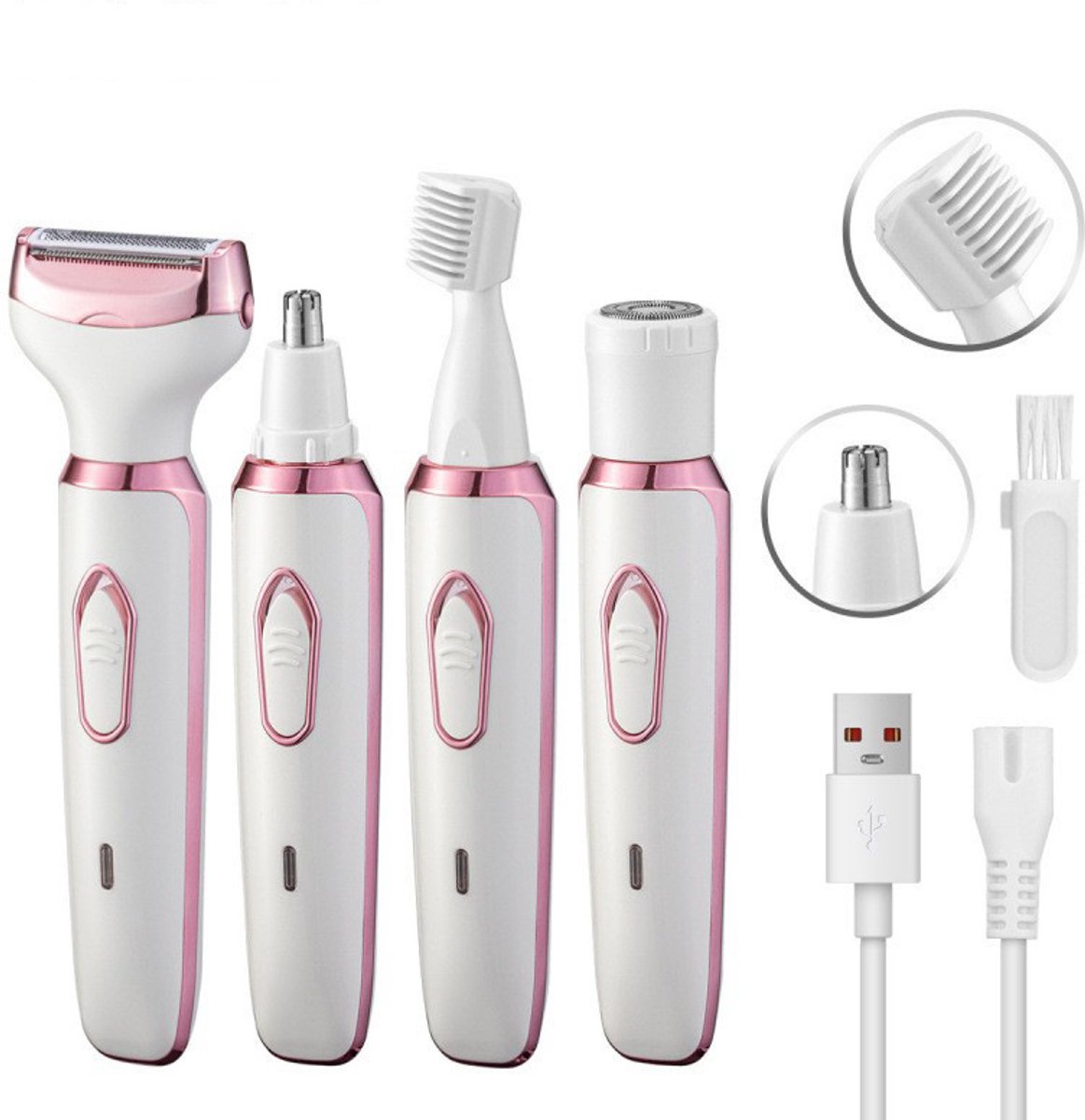 Elektrisch scheerapparaat voor vrouwen, 4-in-1 elektrisch scheerapparaat, pijnloos scheren van intieme zones, oplaadbaar via USB.
