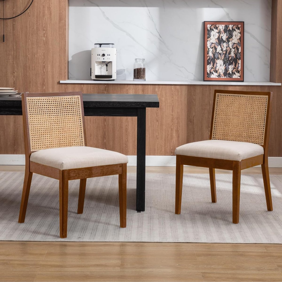 Eetkamerstoelen Set van 2 – Novihome Vintage Keukenstoelen Linnen met Rotan Rugleuning – Houten Accentstoelen Comfortabel en Robuust – Bruine Retro Stoelen voor Eetkamer, Keuken, Woonkamer
