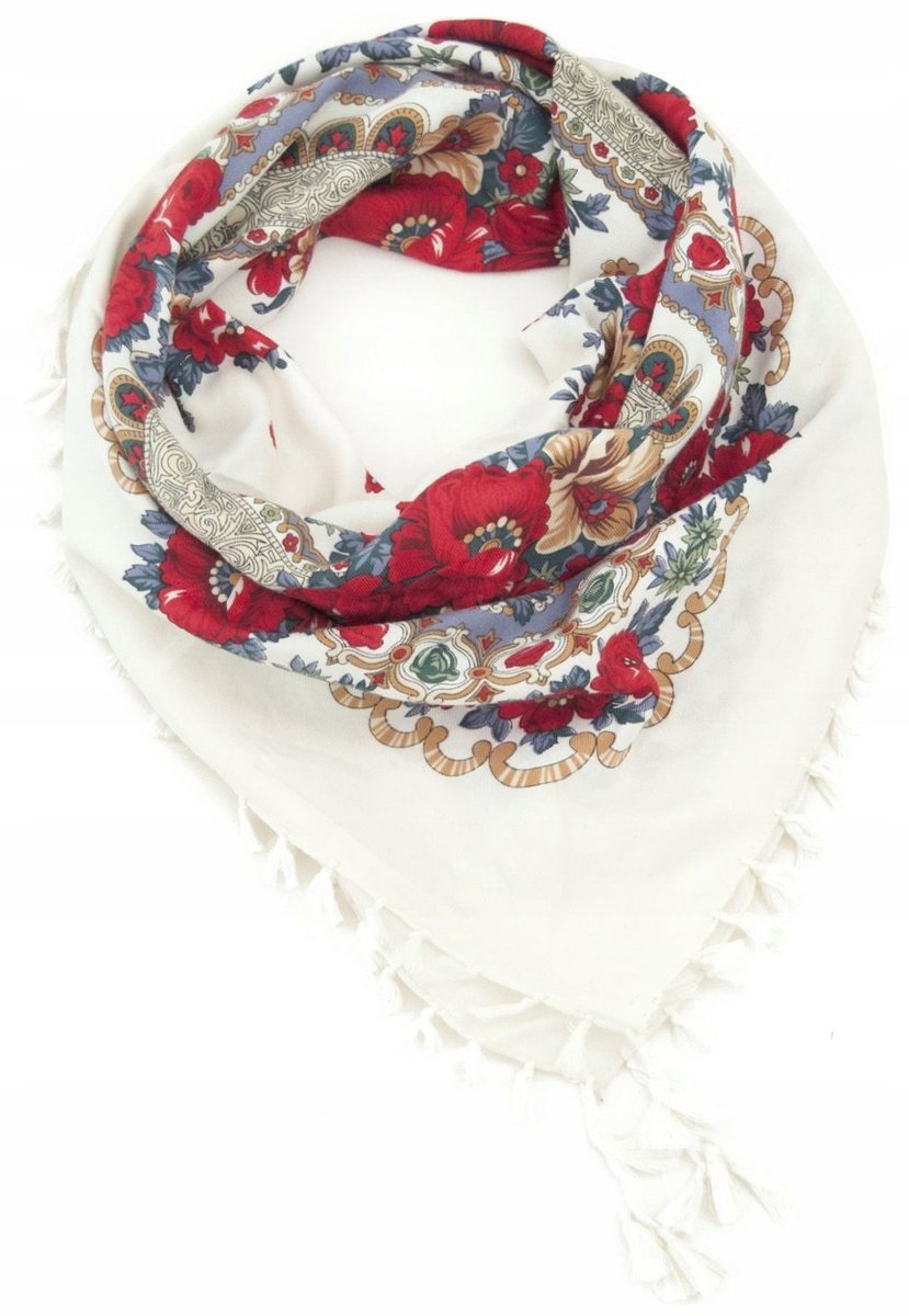 Folkloristische Dames Sjaal met Franjes en Bloemendessin - Wit