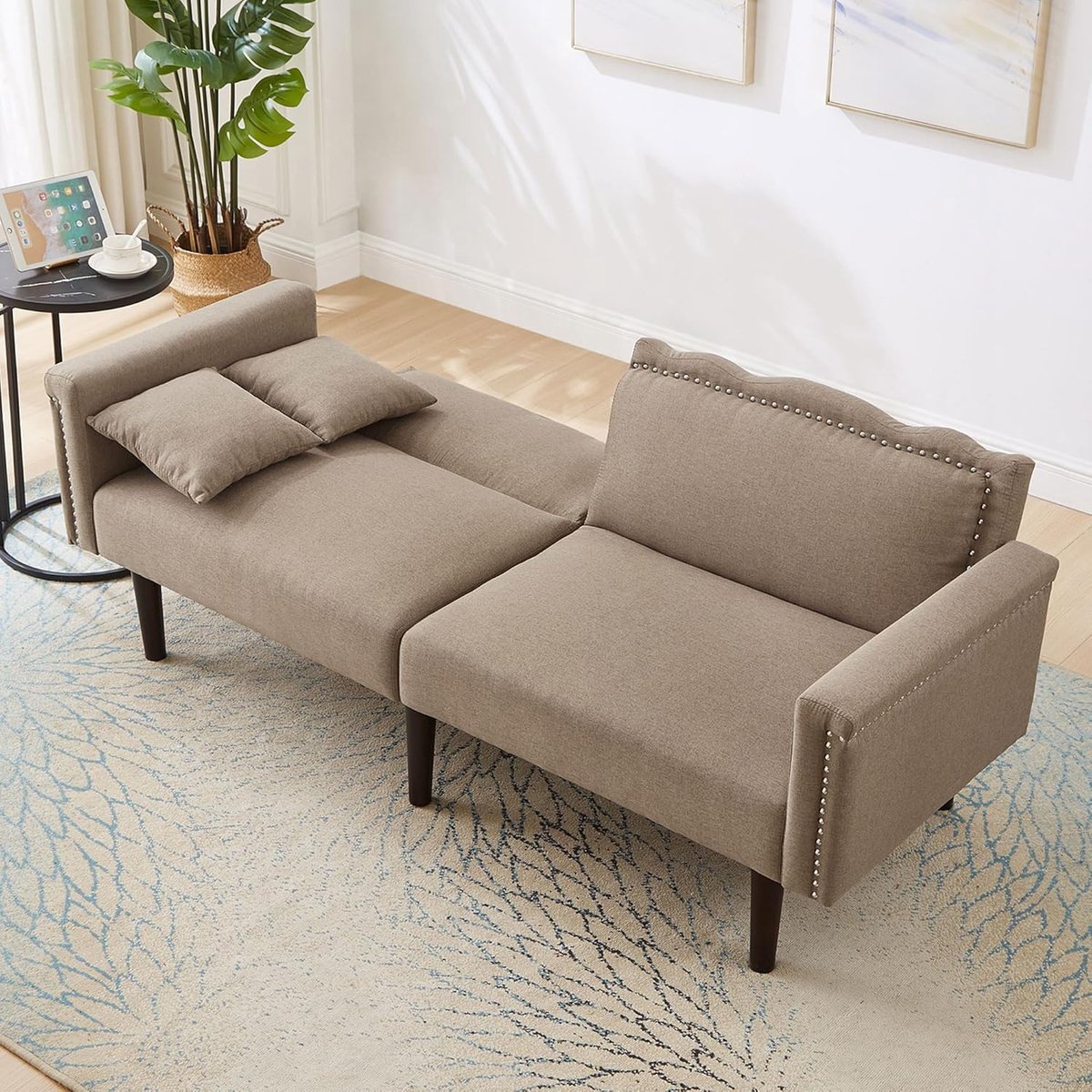 Moderne 2-Zits Slaapbank met Slaapfunctie – Verstelbare Rugleuning, Opklapbare Lounge Sofa met Ligvlak 157x89 cm, Katoenlinnen Stof Antiekbruin – Comfortabele Compacte Bank voor Woonkamer & Logeerkamer