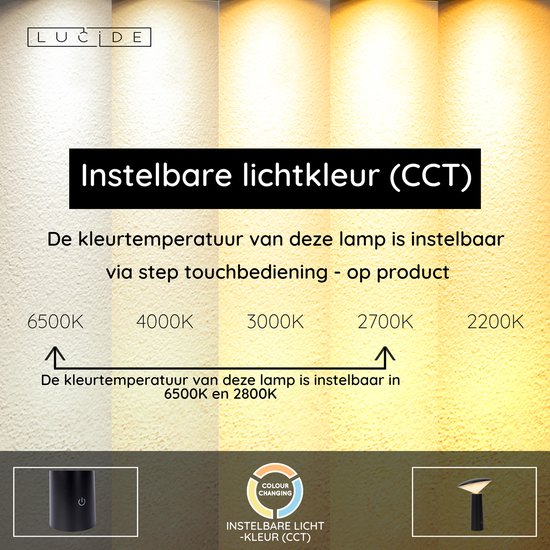 Lucide JIVE - Oplaadbare Tafellamp Binnen/Buiten - Accu/Batterij - Ø 13,7 cm - LED Dimbaar - CCT - 1 × 3W 2800K/6500K - IP44 - Zwart