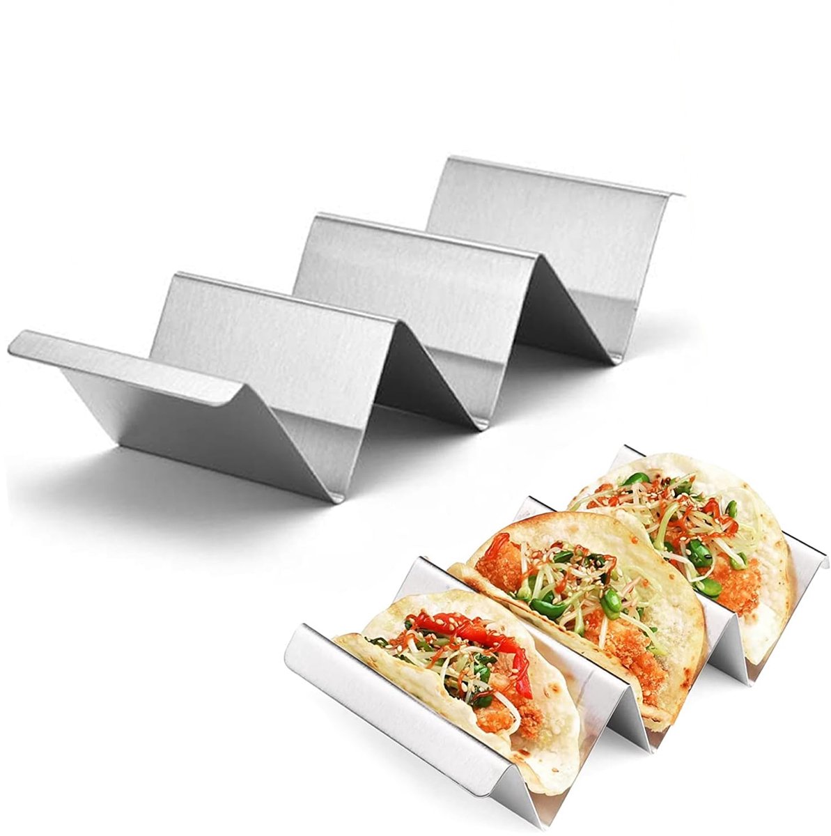 longziming -Taco Houder RVS Set van 3 – Taco en Burrito Rek met 3 Vakken – Stapelbaar Ontwerp – Voor Taco's, Burrito's, Wraps en Tortilla's