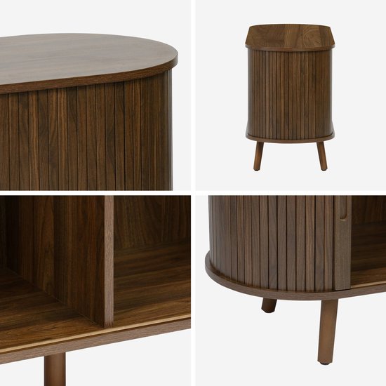 Close-up van donkerbruin Scandinavisch tv-meubel met gegroefd houteffect, deuren en poten.