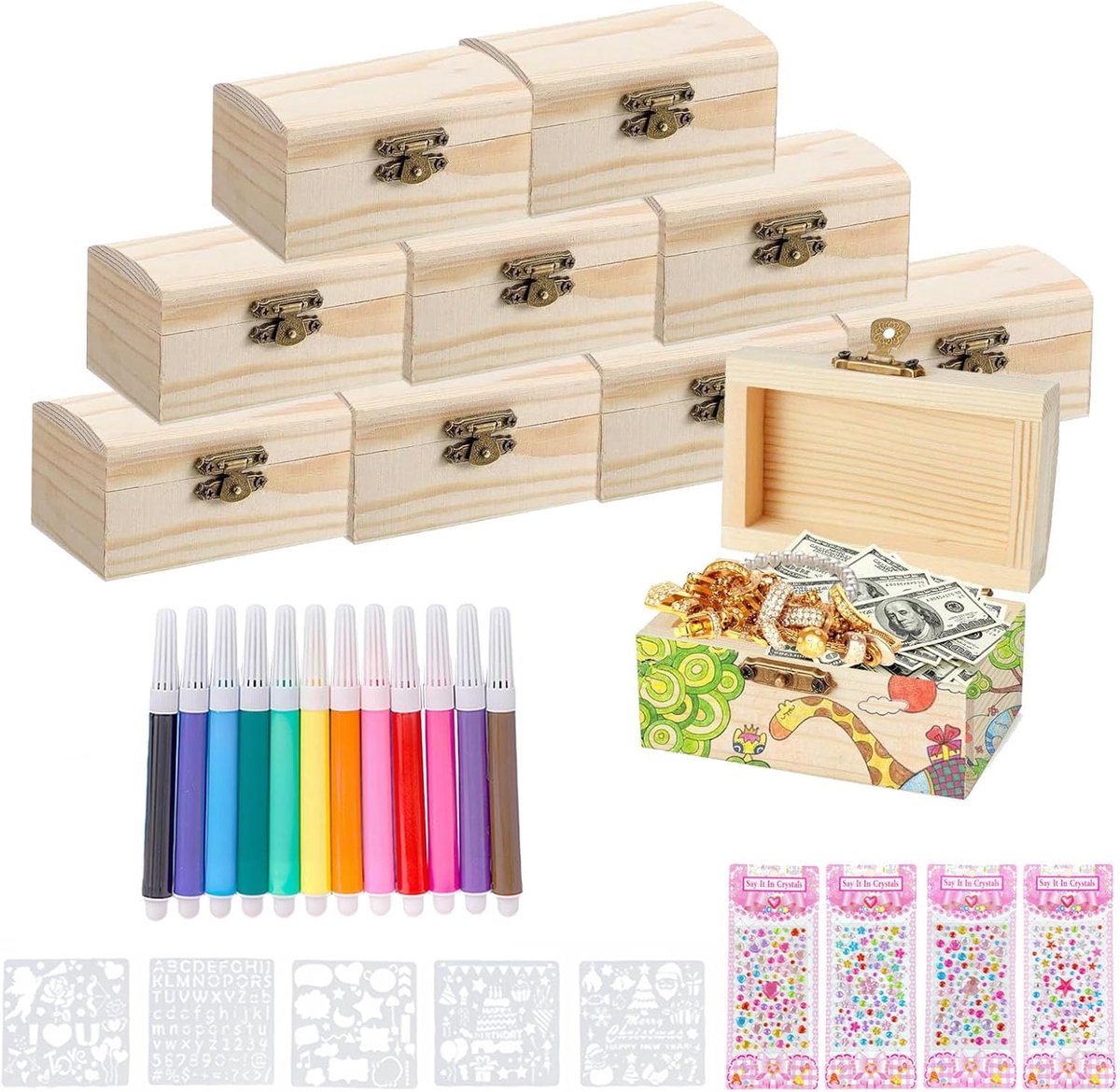 Pack of 10 Mini Treasure Chest met Deksel - DIY Houten Schatkist voor Schilderen - Kinderverjaardag Schatkist met Diamant Stickers en Schilder Stencils