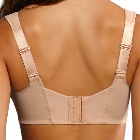 Beige beha met brede bandjes, haakjes en verstelbare sluiting aan de achterkant.