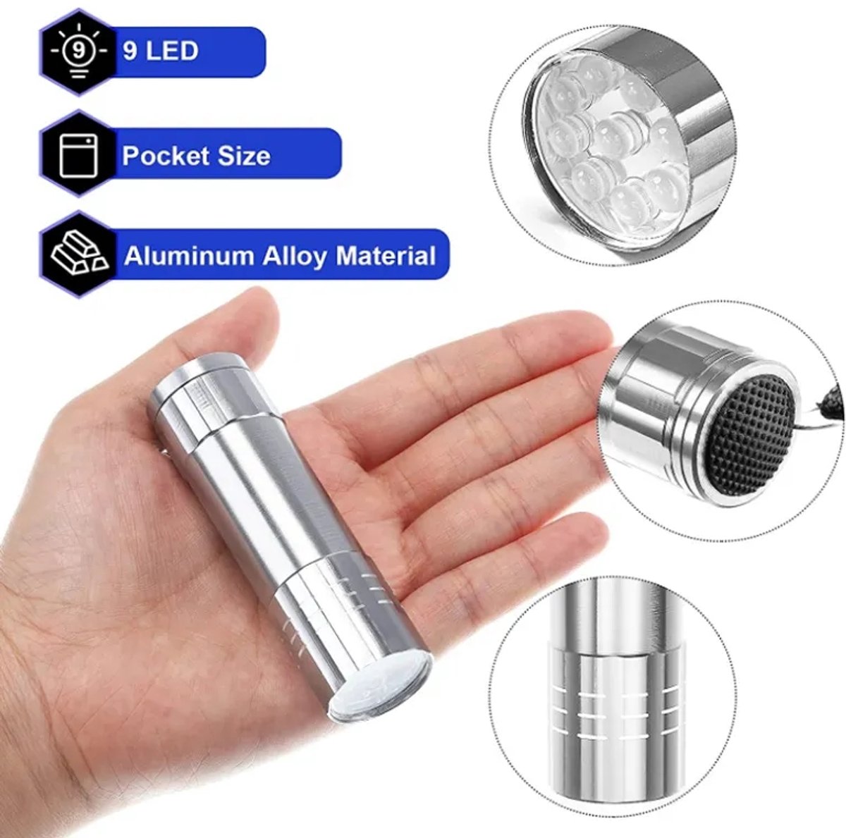UV Zaklamp - 9 LEDs - 9 cm - Compacte UV-flashlight - 1 stuk - Zilver - Jonyx
