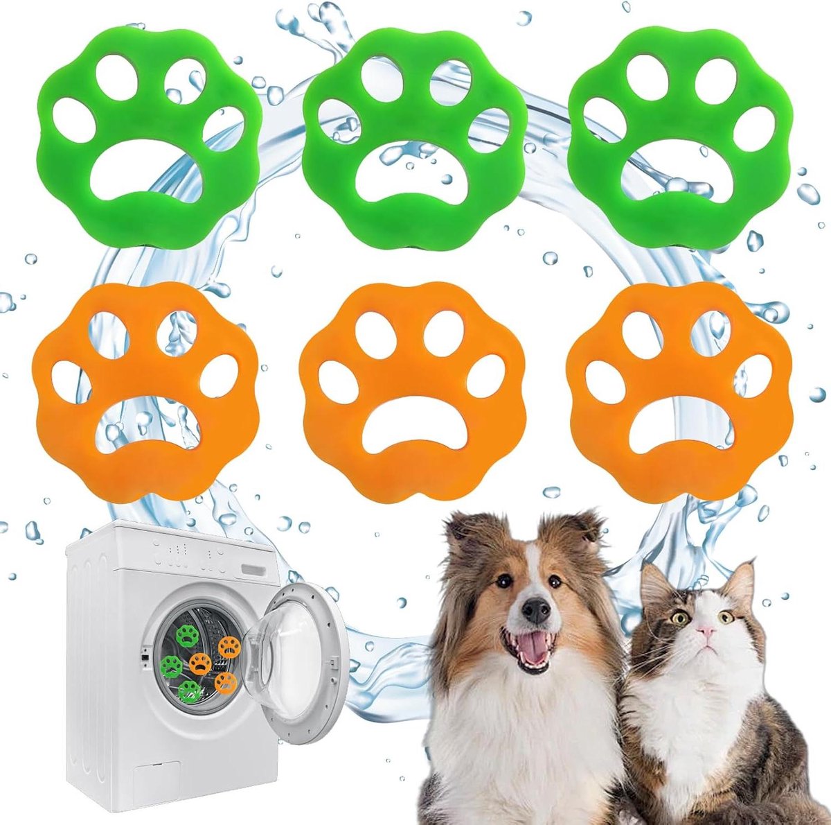 CSGoods - Herbruikbare Dierenhaarverwijderaar voor Wasmachine - Siliconen Pluisballen - Kattenhaarverwijderaar voor Was, Beddengoed, Kleding - Groen/Oranje - Pak van 6 stuks