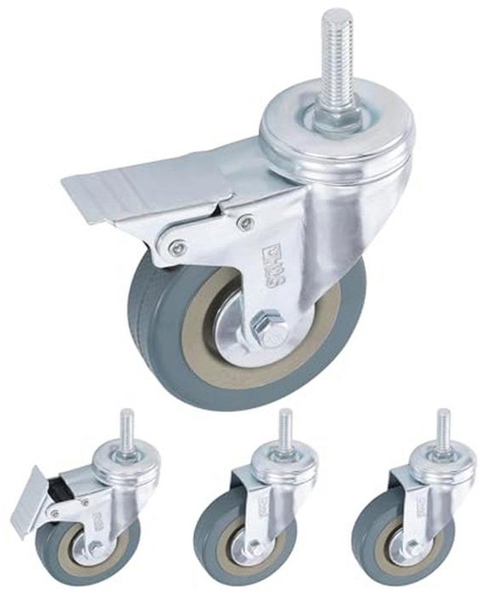 Zwenkwielen voor meubels set van 4 - Rubber wielen 75 mm met dubbele kogellagers en M10 draad - 2x wielen met rem