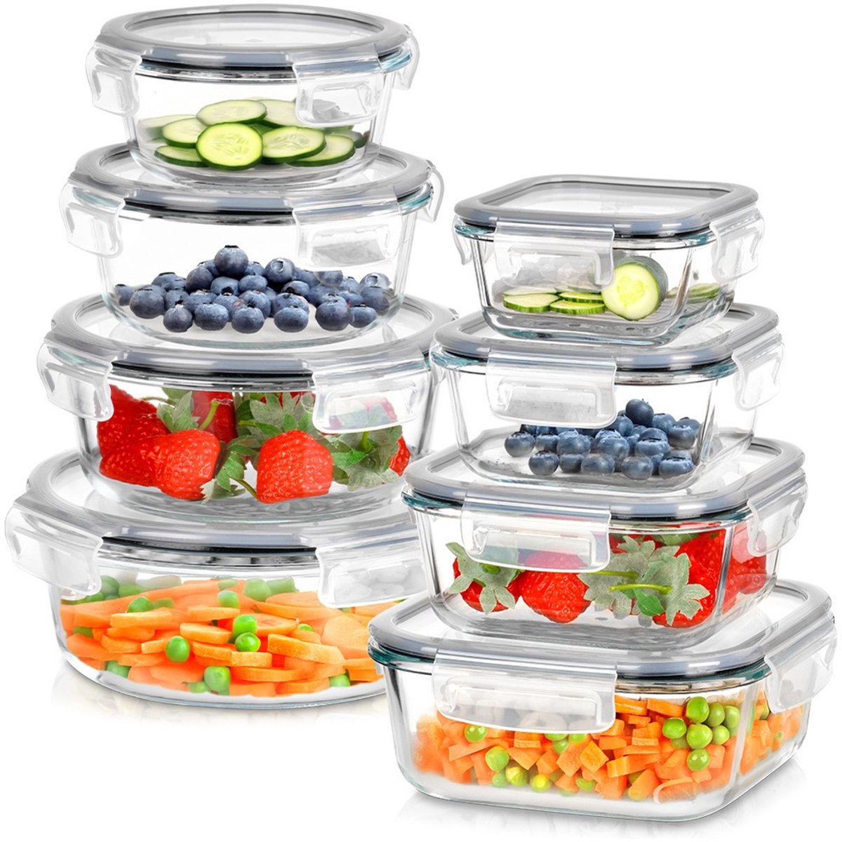 Voedselcontainers Glas met Deksel en Pakking 8 stuks - Vershoudbakjes - Diepvriesbakjes - Vershouden - Bakjes