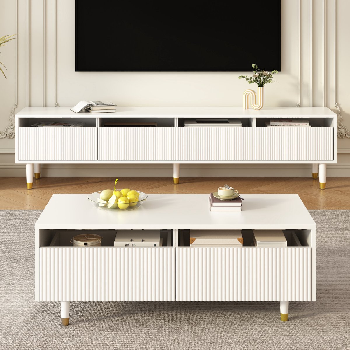 MODFU Moderne LED Salontafel met Golvende Lade, Gouden Witte Poten en Kleurveranderende LED Lichtstrip - Twee Lades