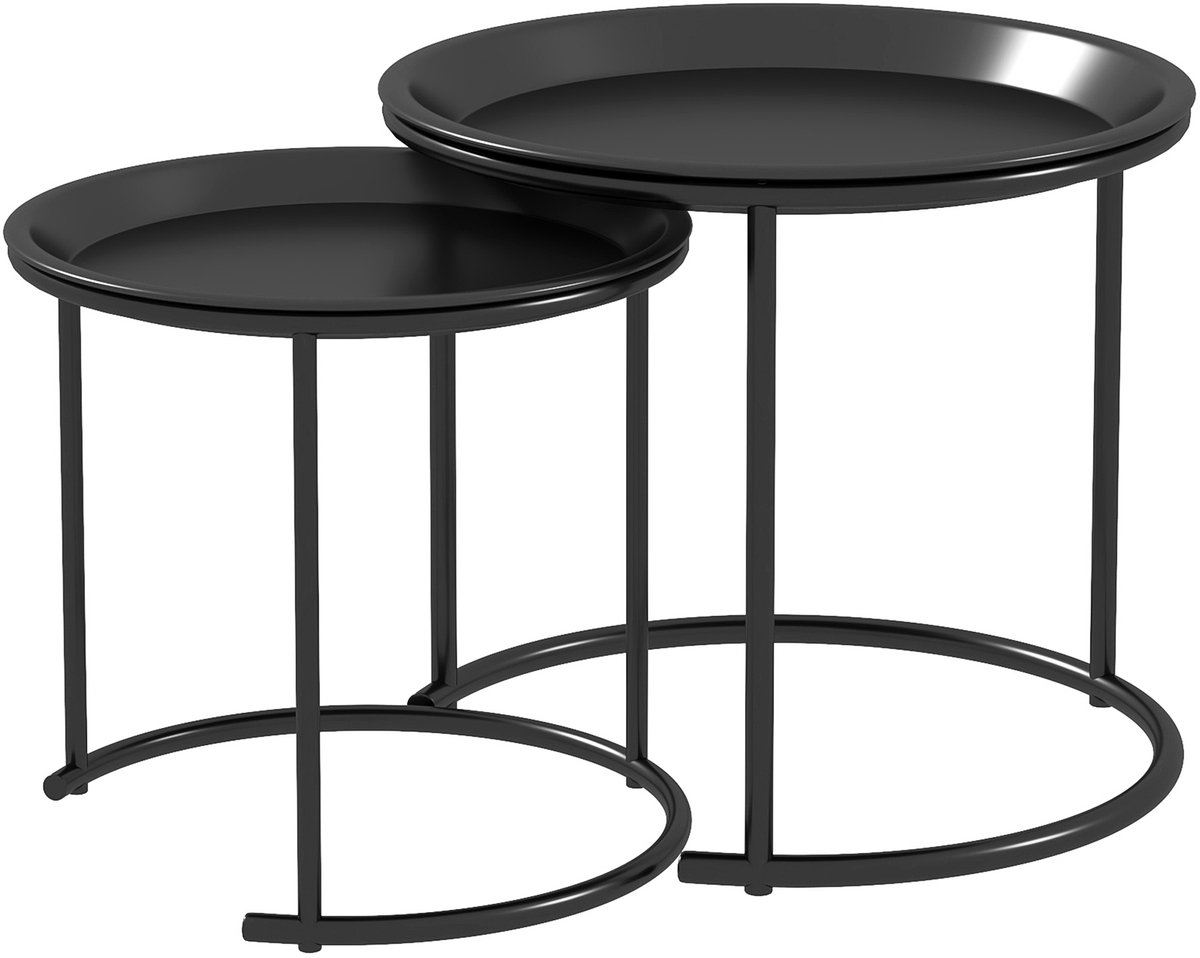 MODFU Set van 2 Rond Bijzettafels, Stapelbare Salontafels voor Woonkamer, Slaapkamer, Gang, Staal, Ø43/35 cm, Zwart