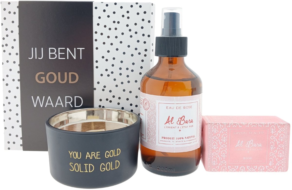 Al Bara Rozenwater Cadeauset – Rozenzeep, Kaars “You Are Gold” & Chocoladewens – Cadeau voor Vrouwen