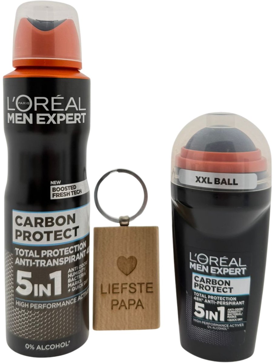 L’Oréal Men Expert Carbon Heren Cadeauset – Deo Spray & Deo Roller + Sleutelhanger “Liefste Papa” – Cadeau voor Mannen