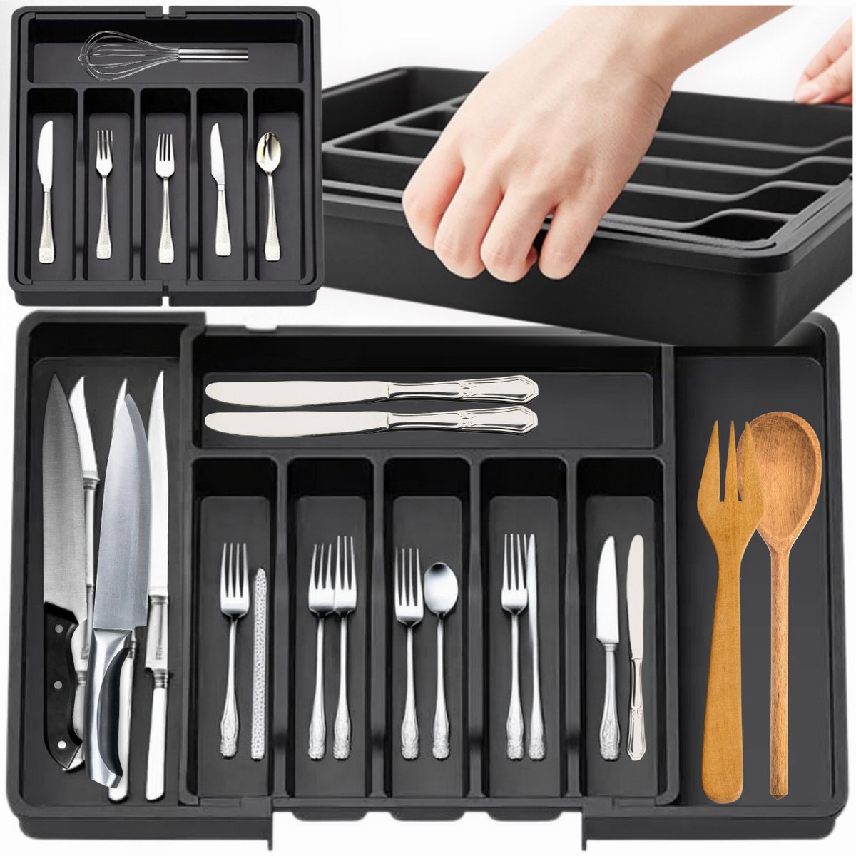 More&Deco - Uitbreidbare Ladeorganizer - Zwart - Kunststof - 33 tot 57 cm