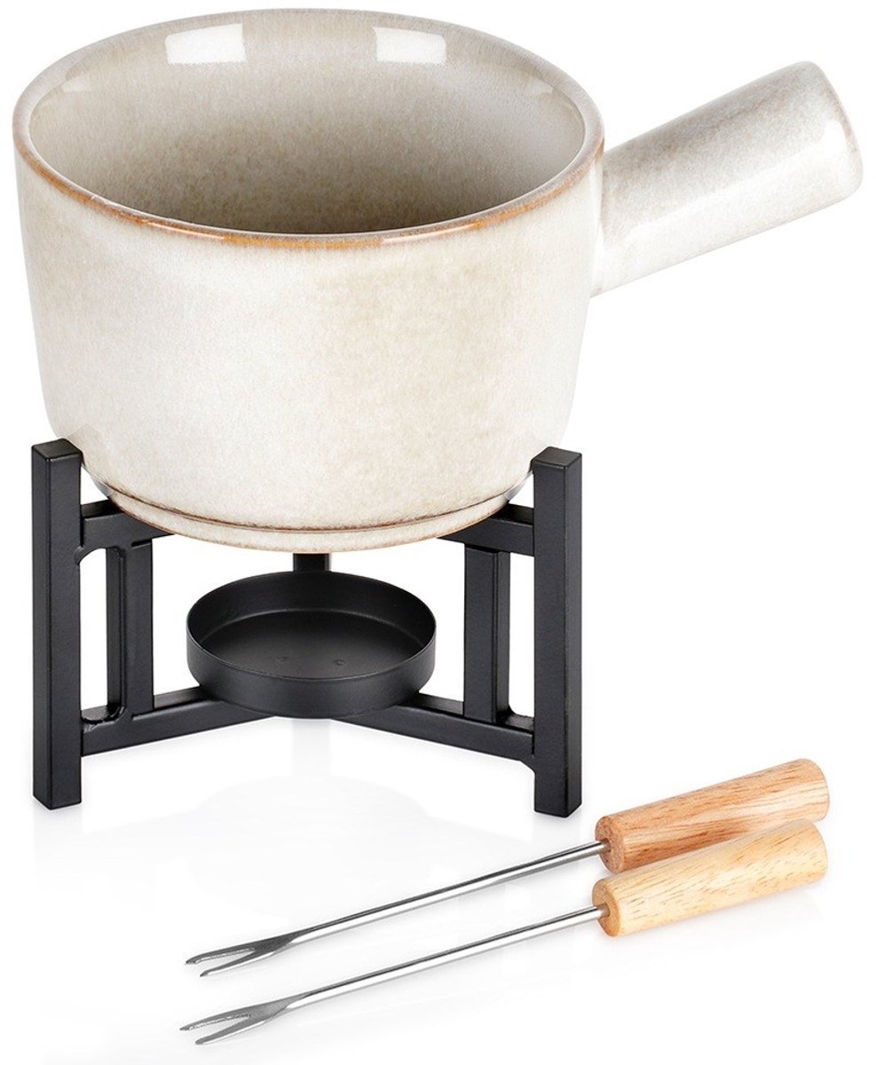 Excellent Houseware Kaasfondue setje met houder - porselein - beige/zwart - incl. 2 vorken – foto 8