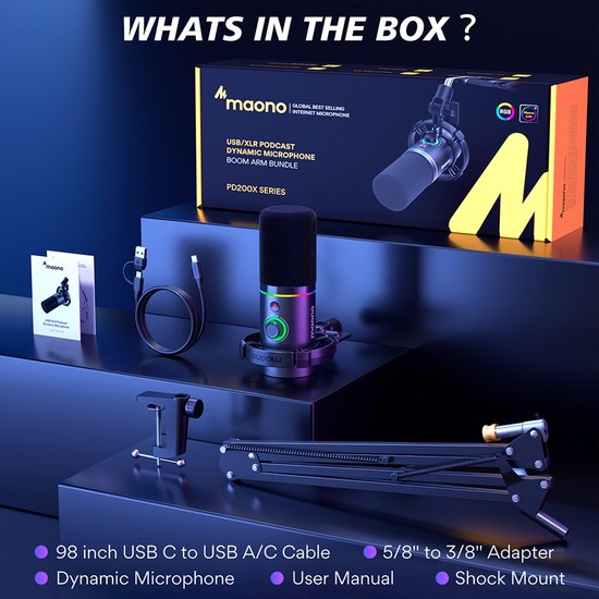 XLR Dynamische USB-microfoon met RGB-licht, volumeregeling, dempknop, 3