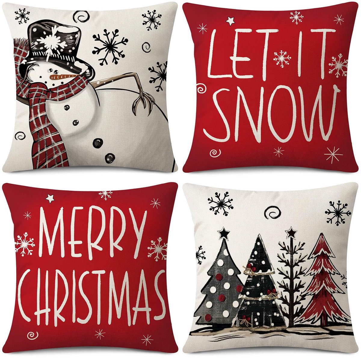Unyqoos Set van vier decoratieve kussenhoezen met kerstthema voor woonkamer en slaapkamer rood