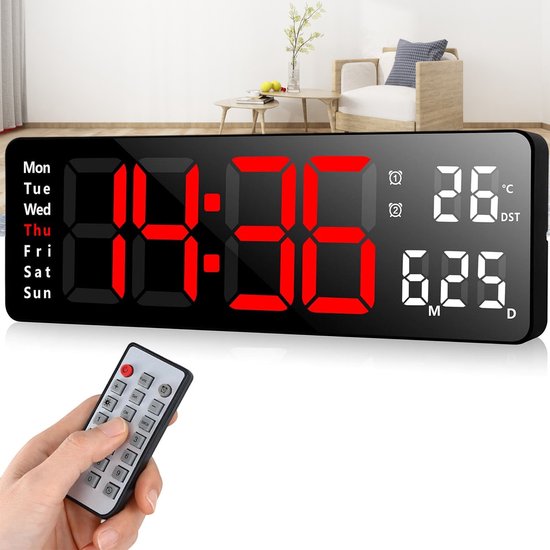 Aisny Digitale Wandklok, 25,4 cm/10 inch Grote Led-Wandklok Met Afstandsbediening Moderne Klok Met Timer Achteruittelling Temperatuur Dag Datum en 2 Wektijden