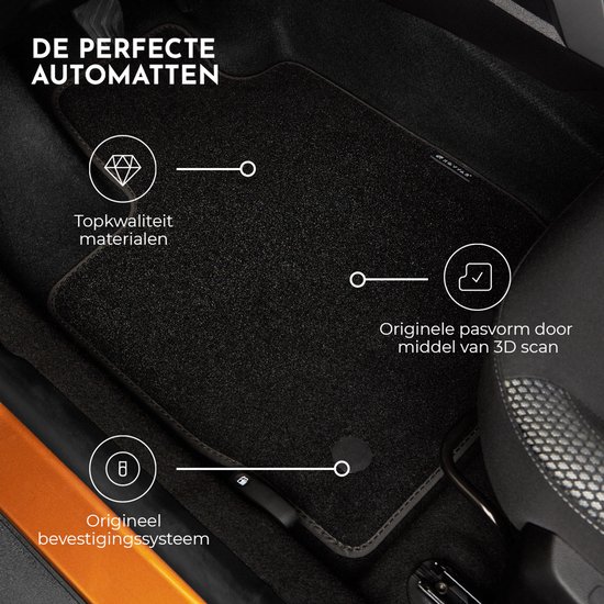 Zwarte automatten met grijze bies, met de tekst 'DE PERFECTE AUTOMATTEN'.