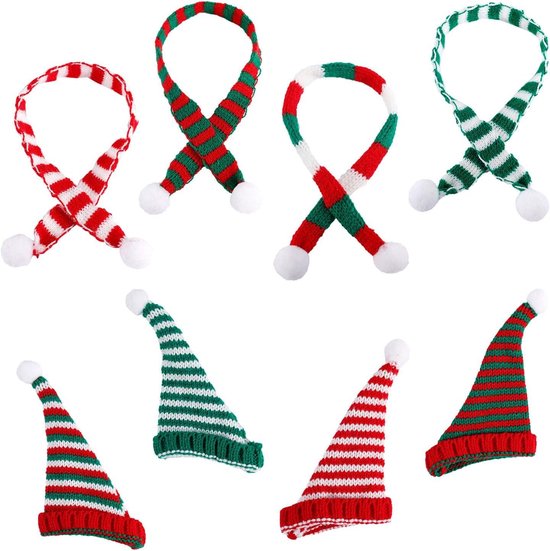 20 Stuks Mini Kerstmutsen En Sjaalset - 10 Mini Sjaals + 10 Gebreide Mini Kerstmutsen - Kerstdecoratie Voor Wijnflessen En Huis