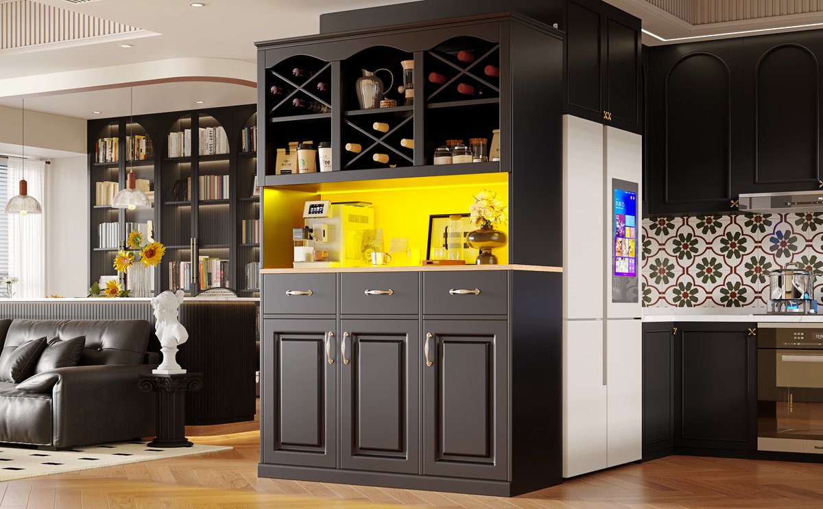 Keukenkast (120 × 40 × 180 cm), hoge keukenbuffet, multifunctioneel buffet, snackkast, opbergmeubel met drie deuren, drie lades en LED-verlichting, zwart — cadeau in Cadeau-ideeën - foto 8