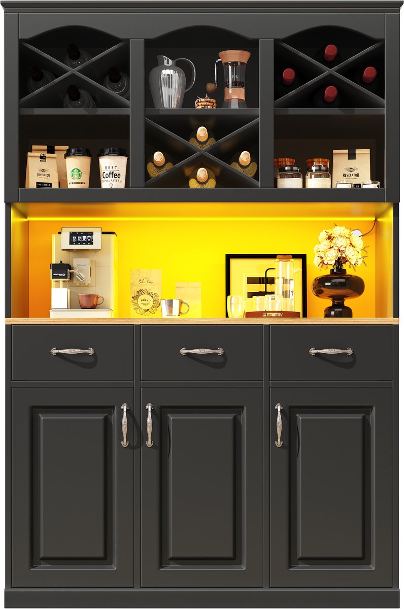 Keukenkast (120 × 40 × 180 cm), hoge keukenbuffet, multifunctioneel buffet, snackkast, opbergmeubel met drie deuren, drie lades en LED-verlichting, zwart