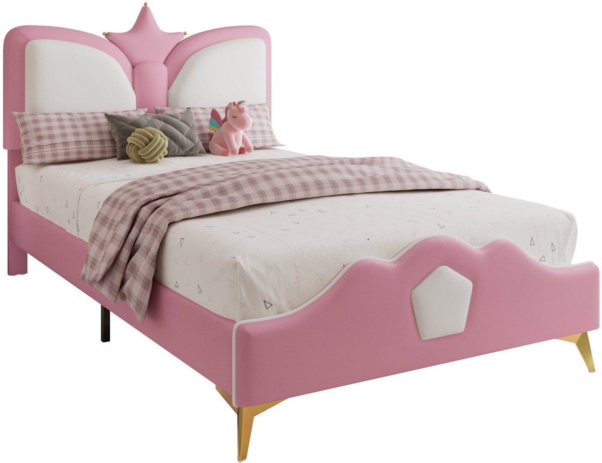 Merax Kinderbed 90x200 - Gestoffeerd Bed - Prinsessenbed met Kroon Hoofdbord - Kunstleer Gestoffeerd - Zachte Antistootrand - Lattenbodem - Roze Wit - Zonder Matras