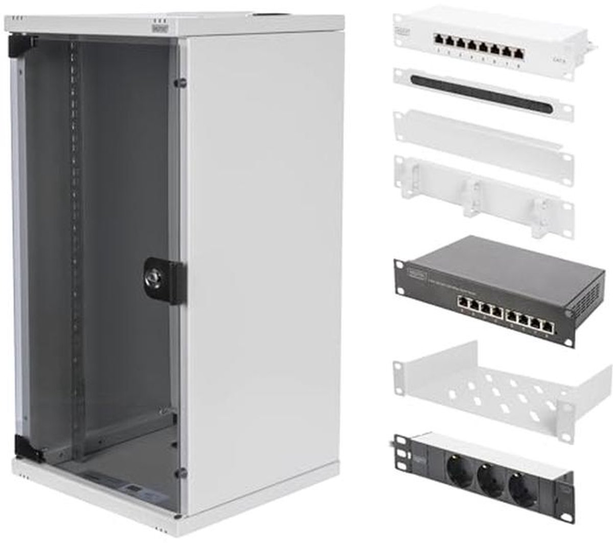 10 Inch Netwerkkast Set - Plank, Contactdoosstrip, Patchpaneel en Switch voor Efficiënt Netwerkbeheer