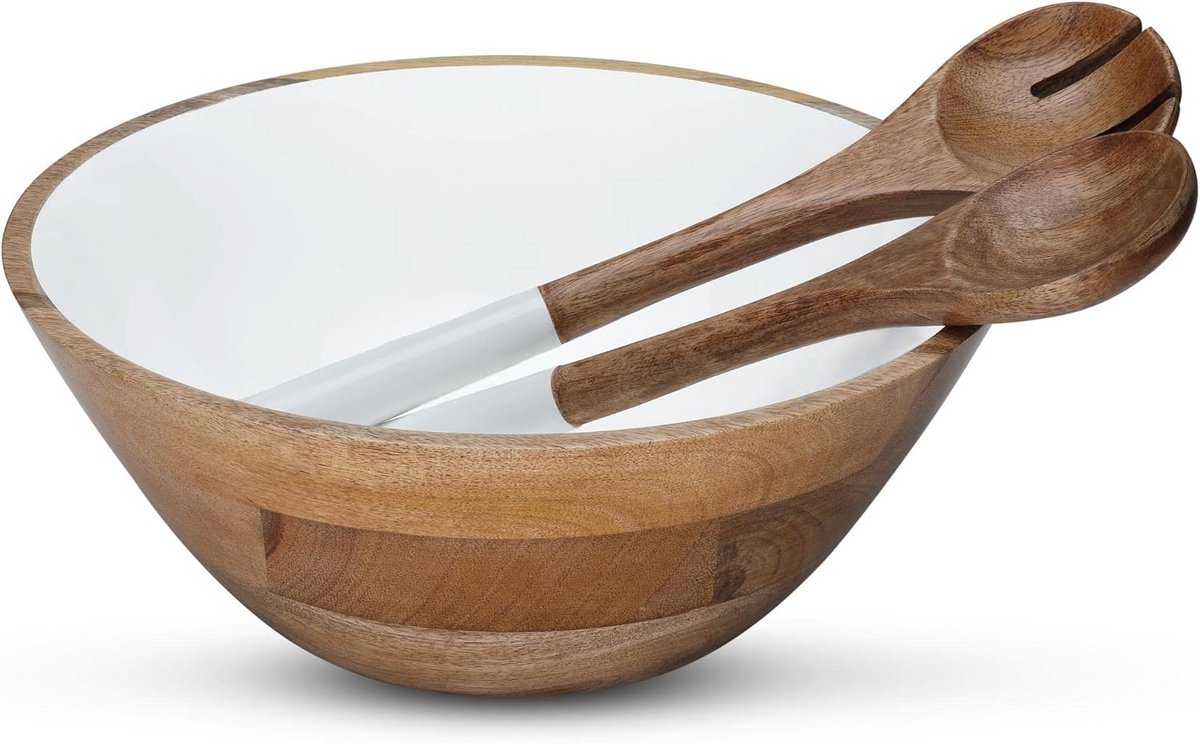 Houten Saladeschaal met Server, Grote Slechtschaal of Fruitkom, Mango Hout, 30.5 cm