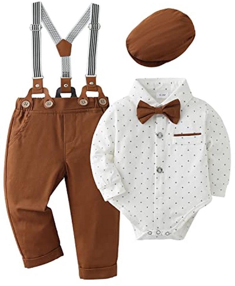 Jongens Kleding Set - Lange Mouwen Romper met Schoorsteen en Vlinderdas voor Doop en Bruiloft