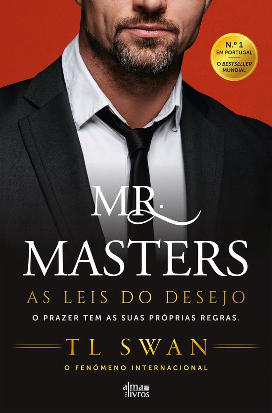 Boekomslag van 'Mr. Masters As Leis do Desejo' met een man in een zwart pak met stropdas. N.º 1 in Portugal.