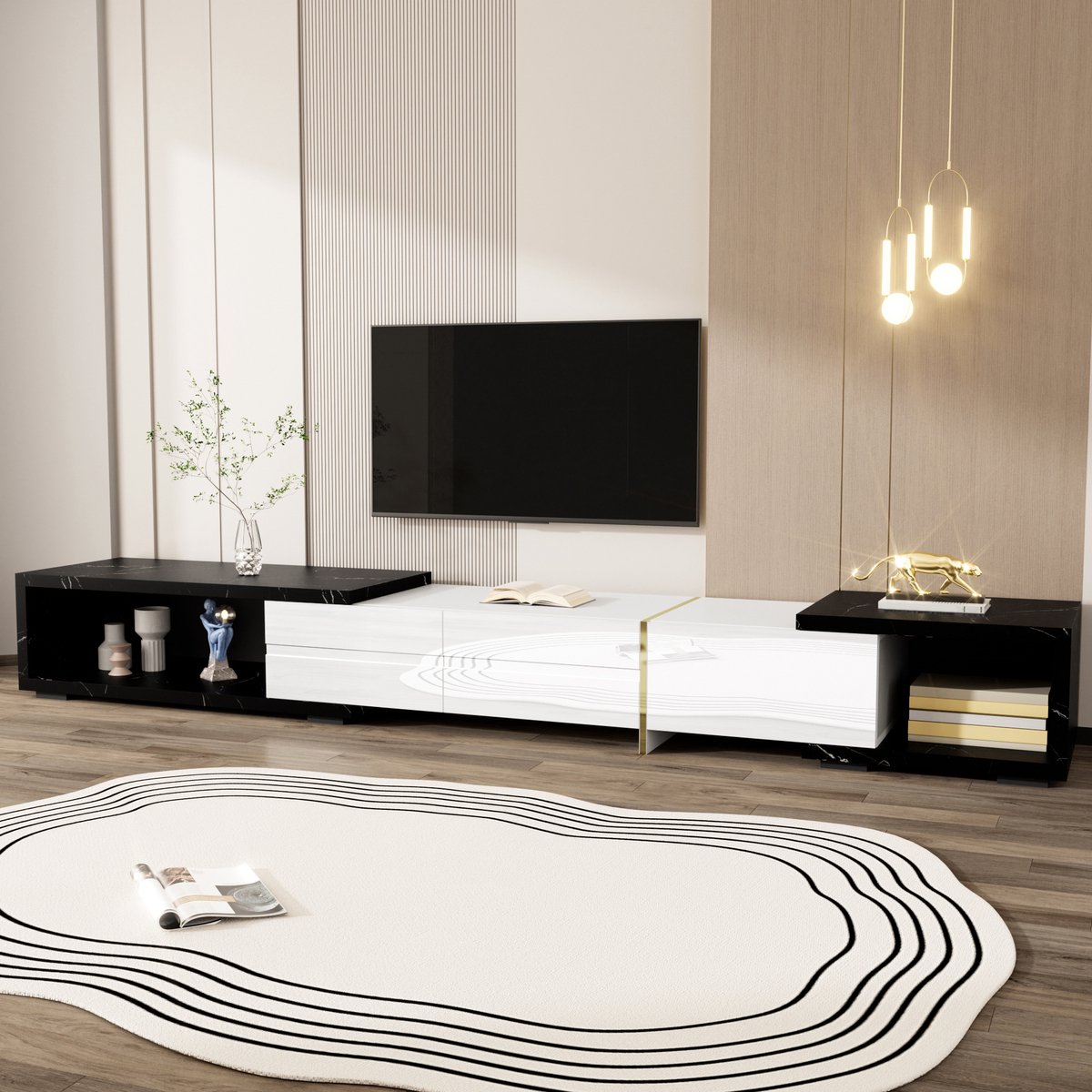 REDOM TV-meubel 140-260x40x30 cm van MDF & spaanplaat, verstelbaar en draaibaar, zwart marmer en wit hoogglans