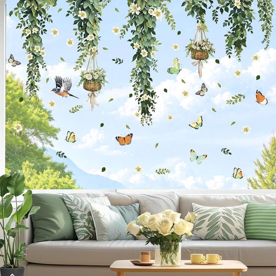 Statische Raamstickers met Groene Planten en Bloemen Statische Raamstickers met Groene Planten en Bloemen