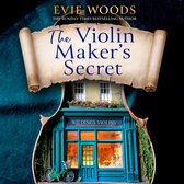 Boekomslag van 'The Violin Maker's Secret' door Evie Woods, met een vioolvormig gebouw met de tekst "WILDING'S VIOLINS".